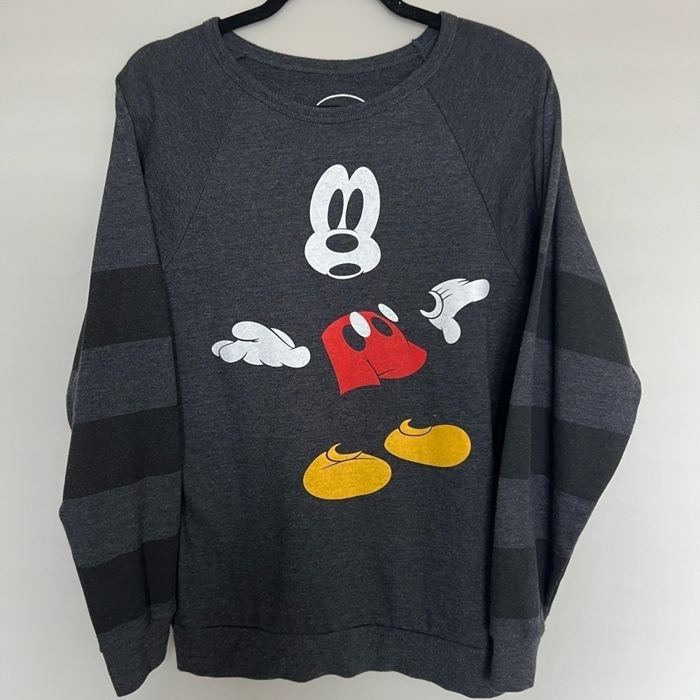 Disney Mickey Mouse Sweatshirt Women Large Charcoal Gray Striped Sleeve Pullover